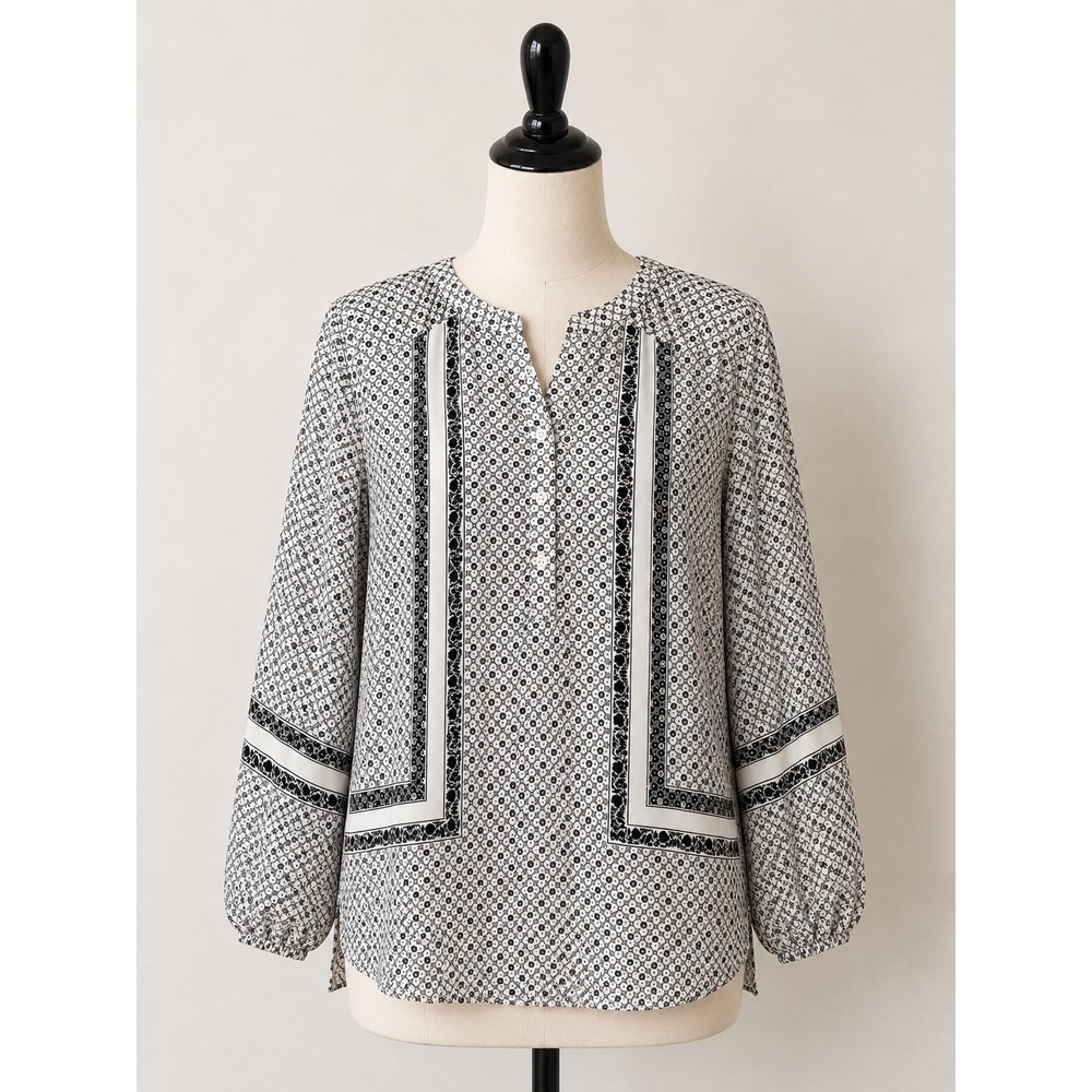 Loft Womens Black White Geometric Medallion Border Print Button Front Blouse